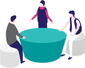 Someone stands, mediating between two people at a table